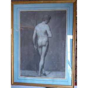 Academic Drawing "male Nude" Signed Bazin, First Half Of The 19th Century